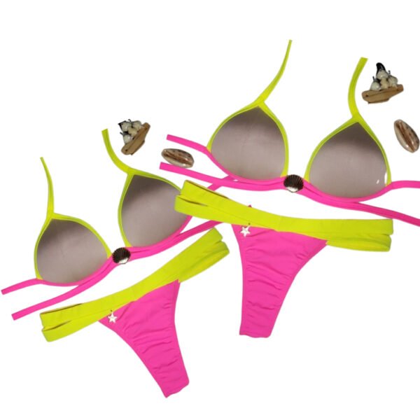 Conjunto Biquíni Cortininha Bojo Calcinha Fio Moda Praia Neon - Imagem 3