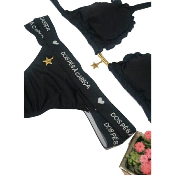 Conjunto Biquíni Cortininha Verão Praia Moda Bojo Fio Preto - Imagem 3