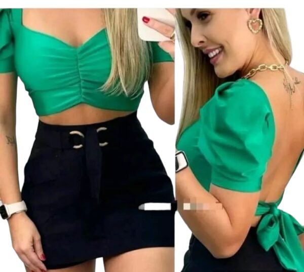 Blusa Cropped Bojo Amarrar nas Costas Manga Princesa Balada Moda - Imagem 2