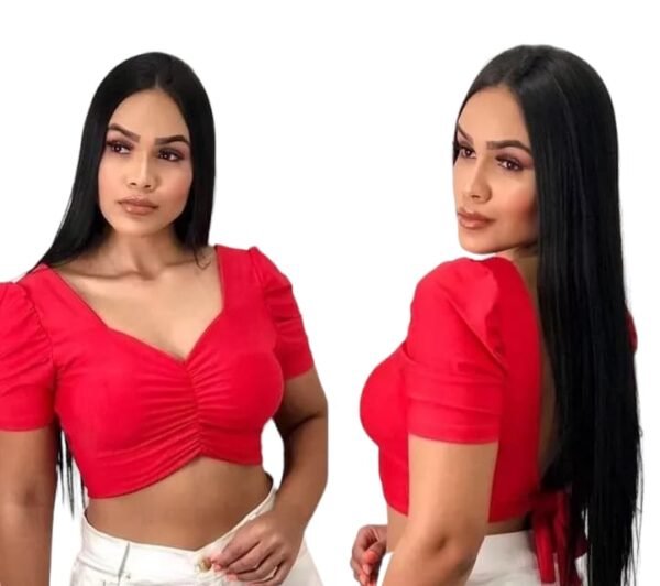 Blusa Cropped Bojo Amarrar nas Costas Manga Princesa Balada Moda