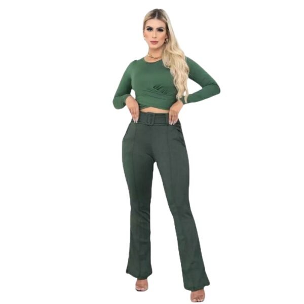 Calça Flare Malha Crepe Cinto Bolso Verde Militar Moda Tendência