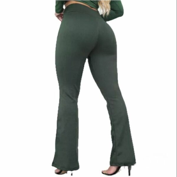 Calça Flare Malha Crepe Cinto Bolso Verde Militar Moda Tendência - Imagem 2