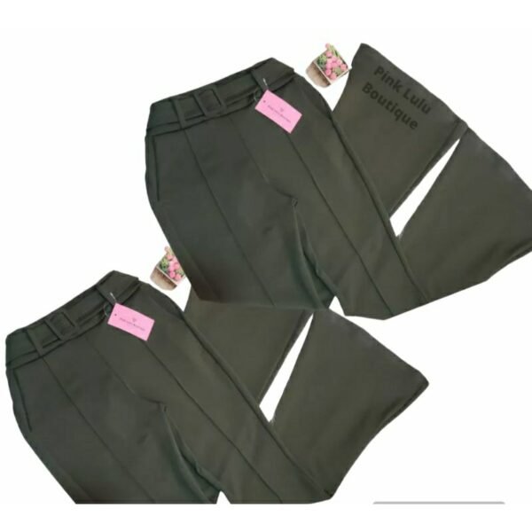 Calça Flare Malha Crepe Cinto Bolso Verde Militar Moda Tendência - Imagem 3