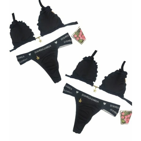 Conjunto Biquíni Cortininha Verão Praia Moda Bojo Fio Preto - Imagem 2