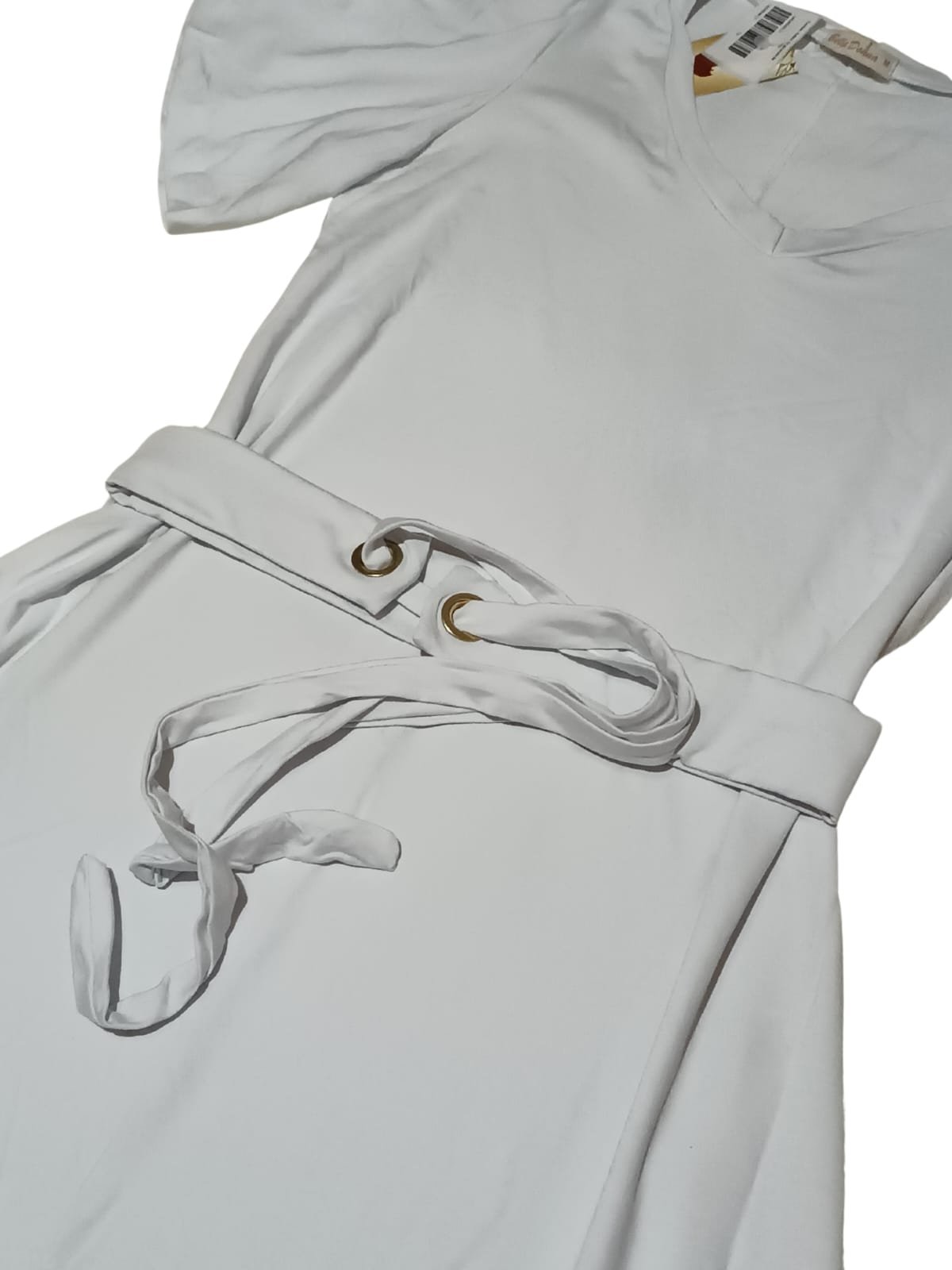 Vestido Moda Feminina Curto Midi Visco Lycra Branco Cinto - Imagem 3