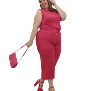 Conjunto Feminino Regata Calça Pantacourt Moda Tendência Rosa