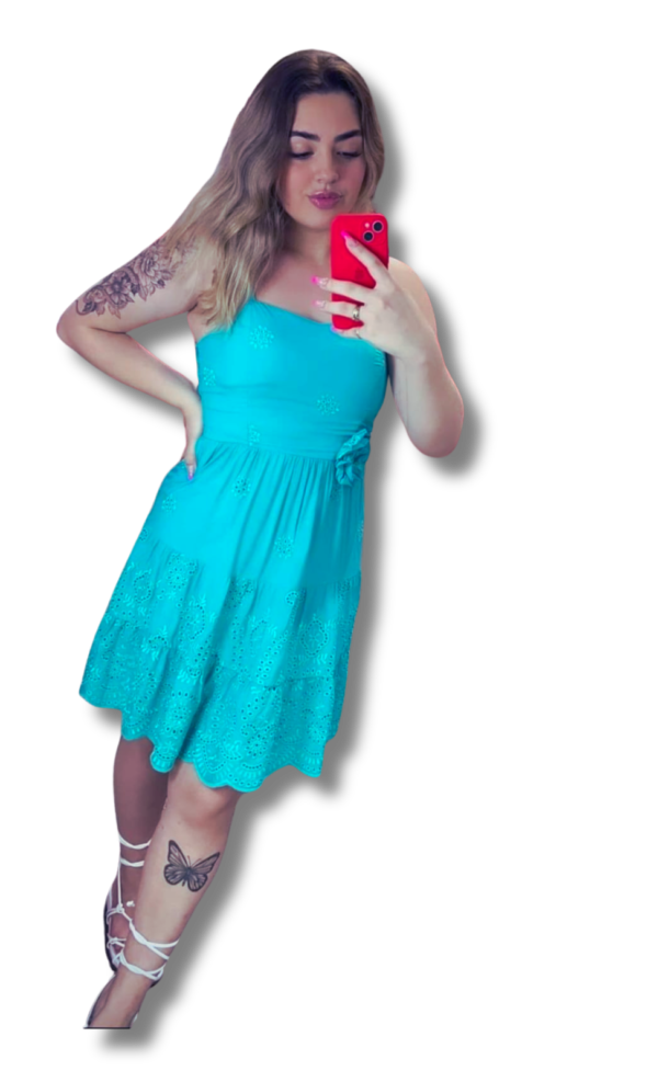 Vestido Feminino Laise Azul Tiffany Midi Bordado Bojo