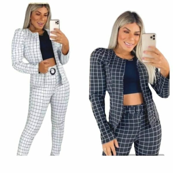 Conjunto Xadrez Ponto Roma Elastano Blazer Manga Princesa + Calça